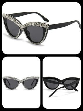 🕶️CATEYE CRYSTAL RHINESTONES EMBELLISHED RETRO BLACK SUNNIES-NEW‎